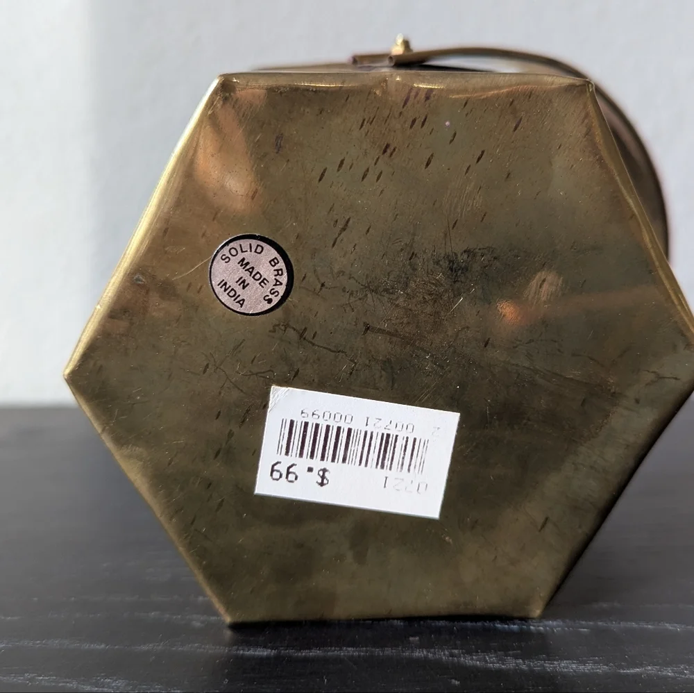 Vintage Solid Brass Small Hexagon Basket W/ Fold Down Handle 2.5'' X 4